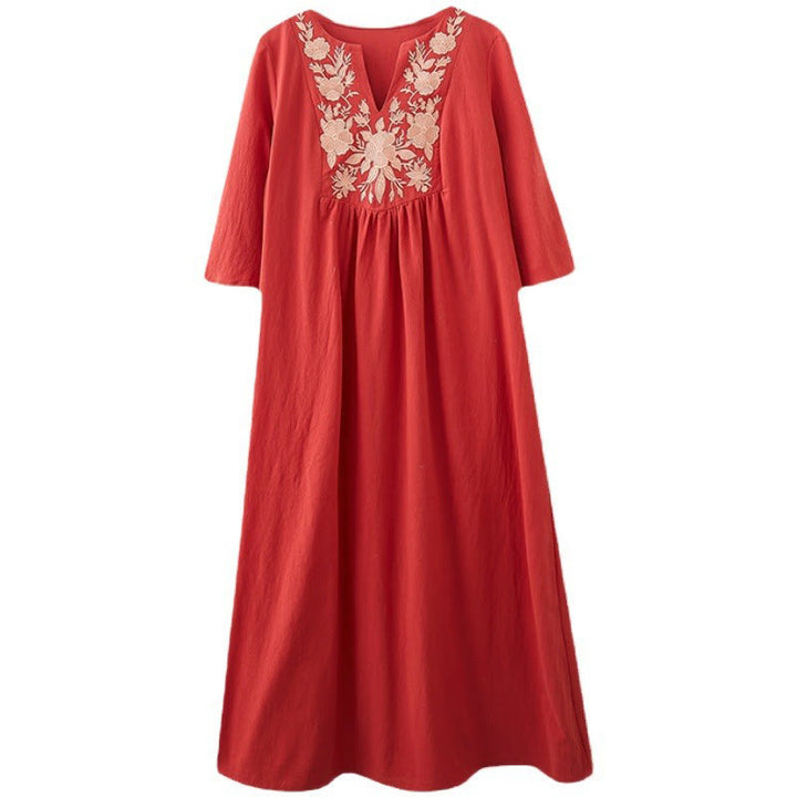 Abito lungo in lino di cotone con scollo a V, manica a tre quarti, ricami Buddha Stones casual floreali, design semplice - image 17