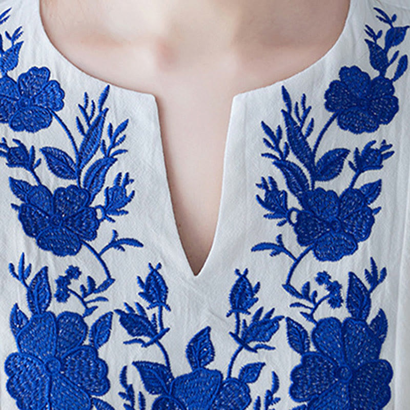 Abito lungo in lino di cotone con scollo a V, manica a tre quarti, ricami Buddha Stones casual floreali, design semplice - image 8