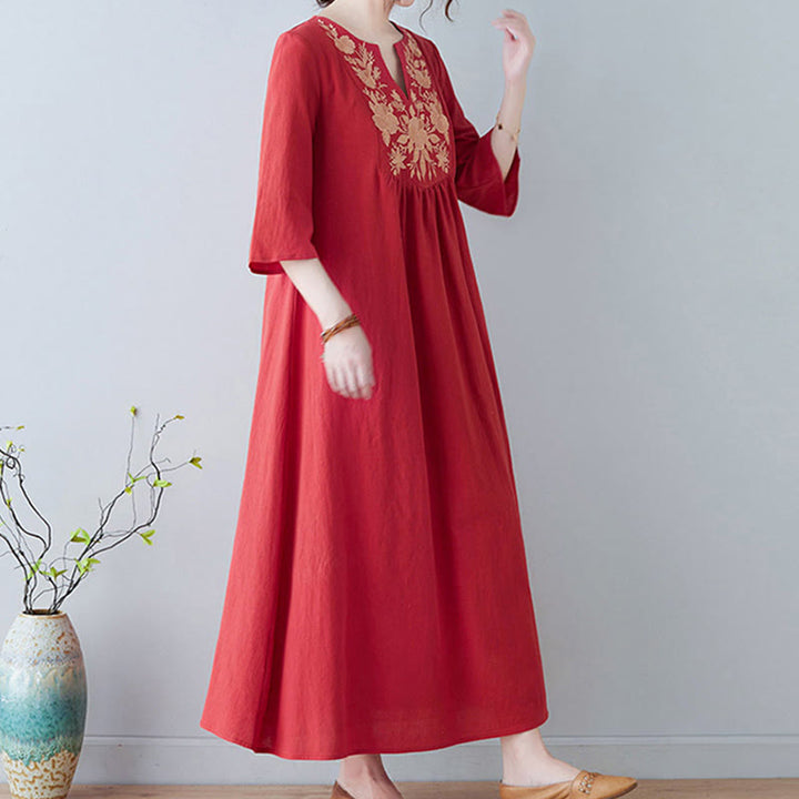 Abito lungo in lino di cotone con scollo a V, manica a tre quarti, ricami Buddha Stones casual floreali, design semplice - image 13