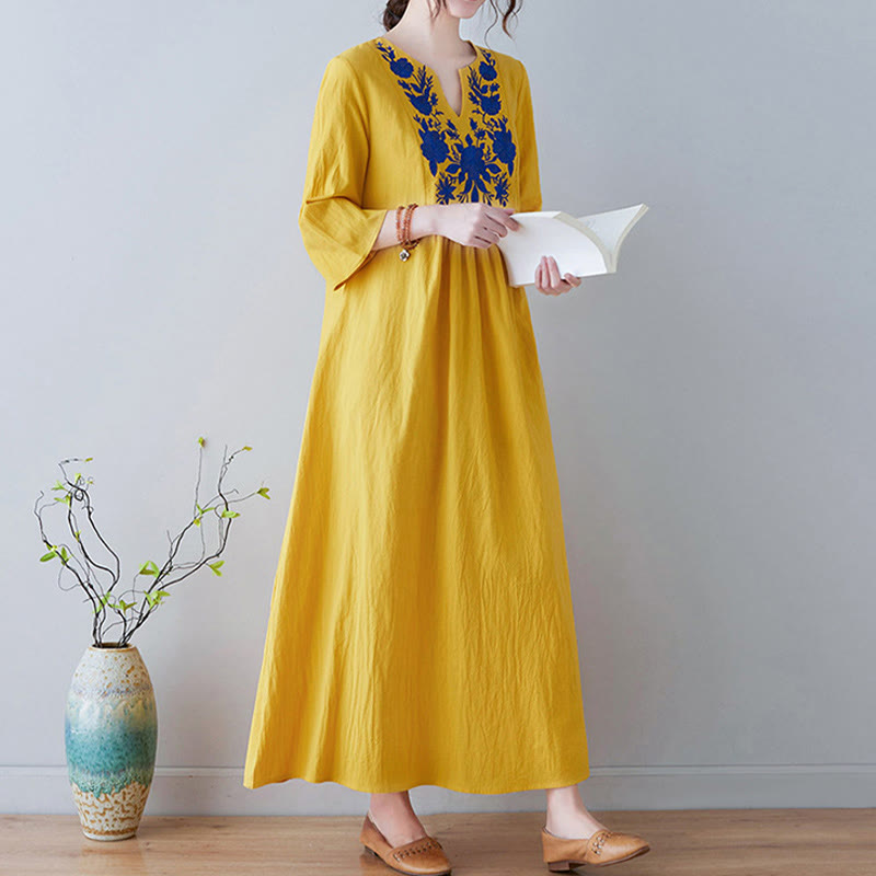 Abito lungo in lino di cotone con scollo a V, manica a tre quarti, ricami Buddha Stones casual floreali, design semplice - image 2