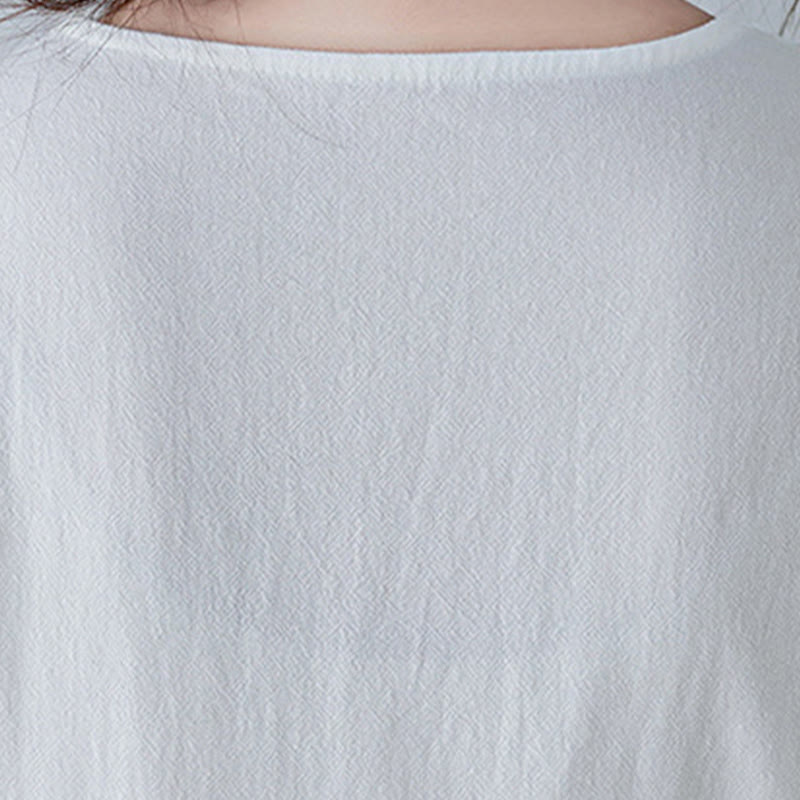 Abito lungo in lino di cotone con scollo a V, manica a tre quarti, ricami Buddha Stones casual floreali, design semplice - image 10