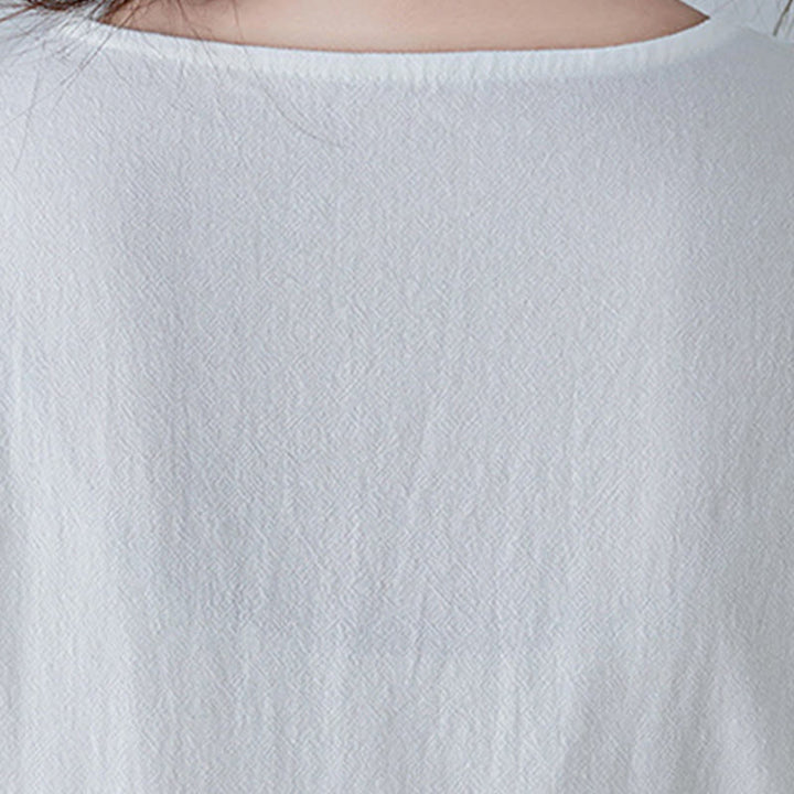 Abito lungo in lino di cotone con scollo a V, manica a tre quarti, ricami Buddha Stones casual floreali, design semplice - image 10