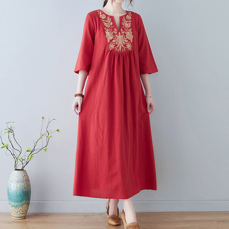 Abito lungo in lino di cotone con scollo a V, manica a tre quarti, ricami Buddha Stones casual floreali, design semplice - image 15