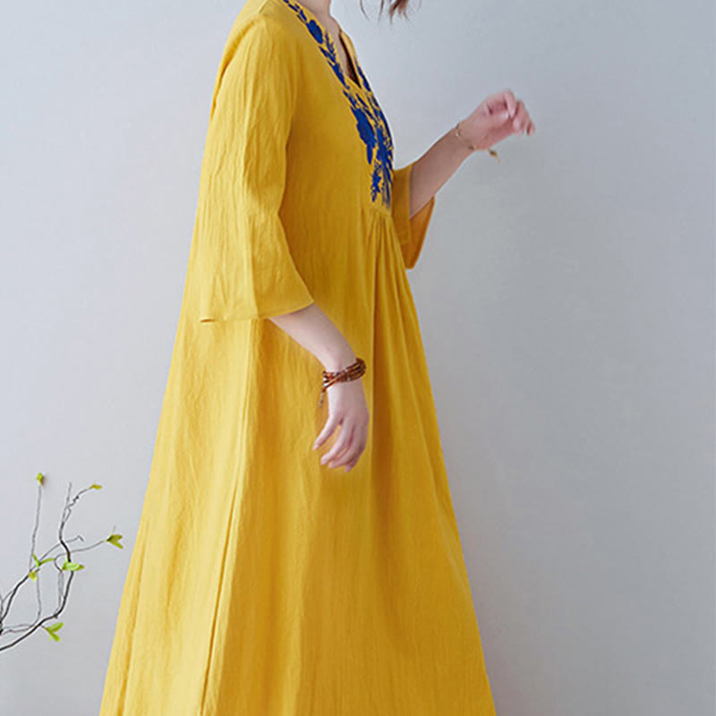 Abito lungo in lino di cotone con scollo a V, manica a tre quarti, ricami Buddha Stones casual floreali, design semplice - image 4