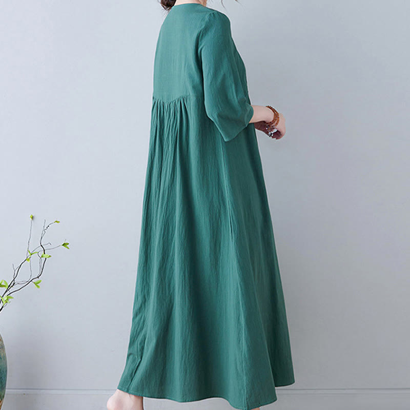 Abito lungo in lino di cotone con scollo a V, manica a tre quarti, ricami Buddha Stones casual floreali, design semplice - image 22