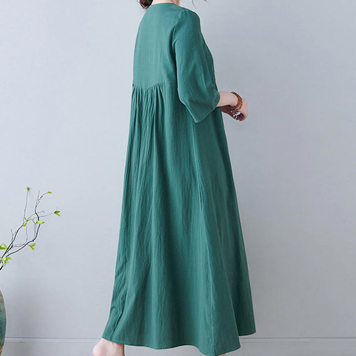 Abito lungo in lino di cotone con scollo a V, manica a tre quarti, ricami Buddha Stones casual floreali, design semplice - image 22