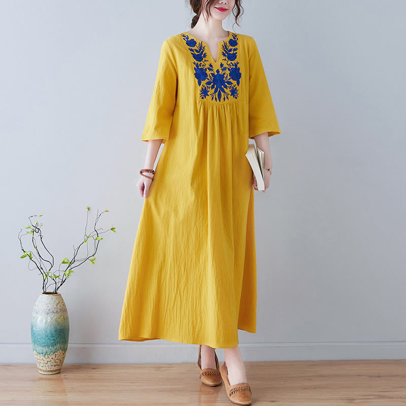 Abito lungo in lino di cotone con scollo a V, manica a tre quarti, ricami Buddha Stones casual floreali, design semplice - Oro - US8-10, UK/AU12-14, EU40-42 (2XL) - image 0