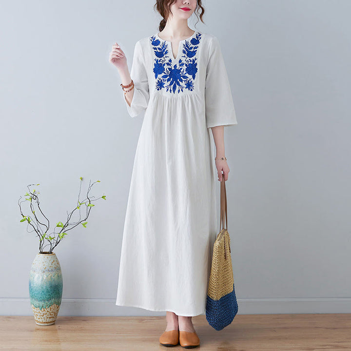 Abito lungo in lino di cotone con scollo a V, manica a tre quarti, ricami Buddha Stones casual floreali, design semplice - FlorealeBianco - US8-10, UK/AU12-14, EU40-42 (2XL) - image 5