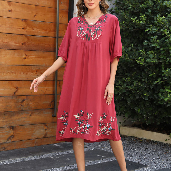 Abito midi in cotone con maniche lunghe a lanterna e ricamo etnico retrò indiano rosso Buddha Stones