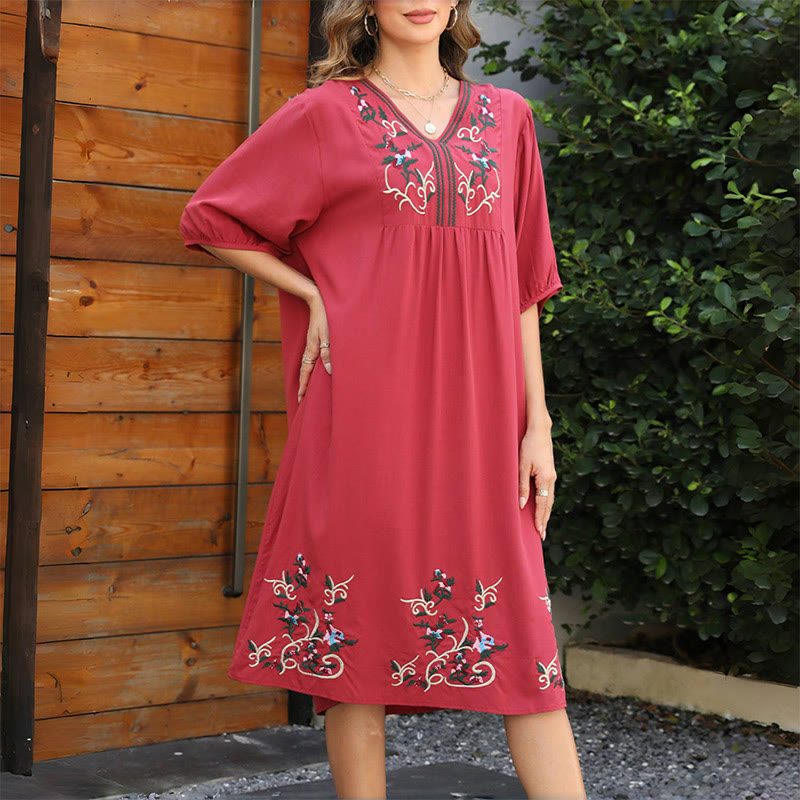 Abito midi in cotone con maniche lunghe a lanterna e ricamo etnico retrò indiano rosso Buddha Stones