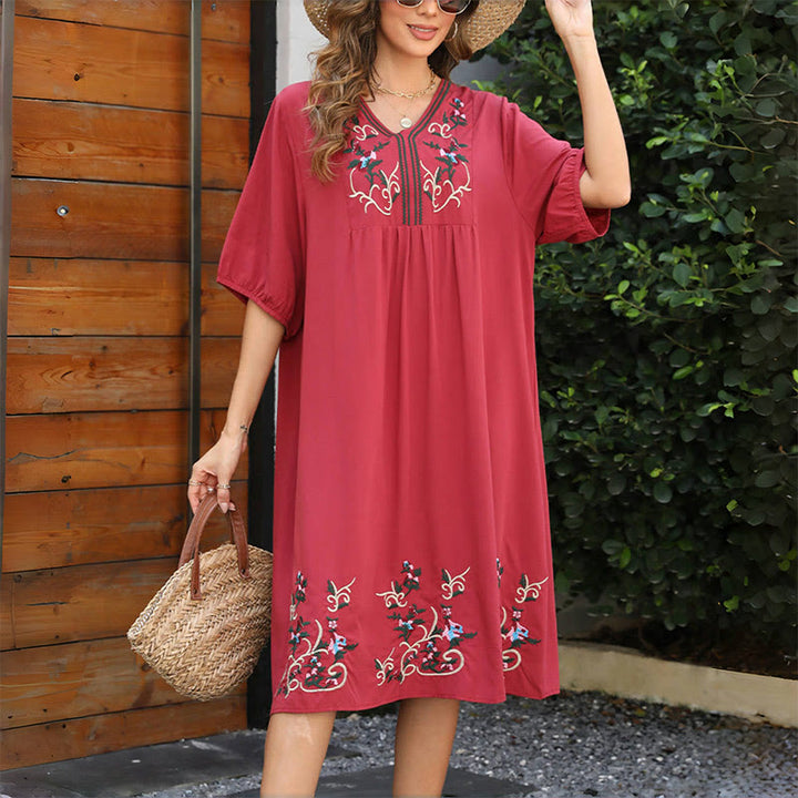 Abito midi in cotone con maniche lunghe a lanterna e ricamo etnico retrò indiano rosso Buddha Stones