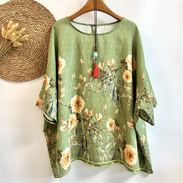 Maglietta da donna in poliestere con scollo a giro e maniche corte, motivo Buddha Stones, casual, ampia, con stampa a petali