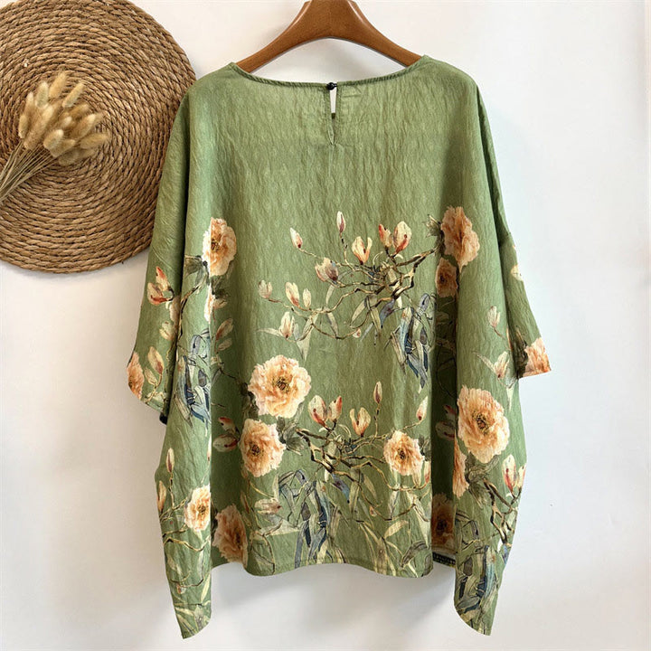 Maglietta da donna in poliestere con scollo a giro e maniche corte, motivo Buddha Stones, casual, ampia, con stampa a petali