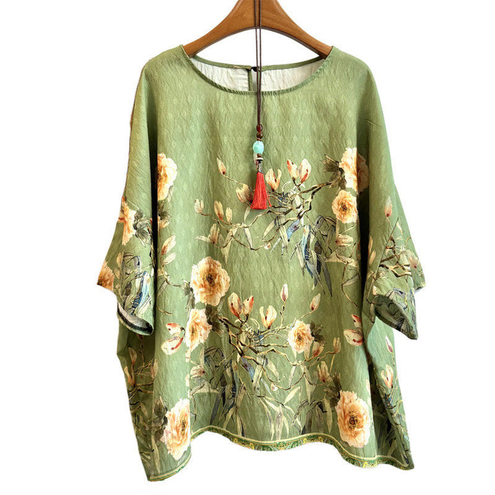 Maglietta da donna in poliestere con scollo a giro e maniche corte, motivo Buddha Stones, casual, ampia, con stampa a petali