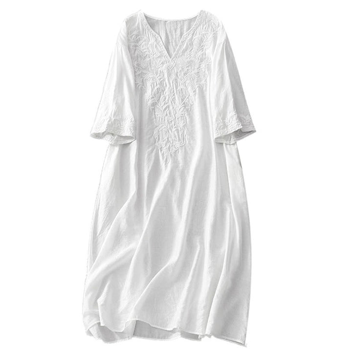 Abito midi estivo con maniche corte, scollo a V, tasche, ricamo a foglia e fiore, colore bianco puro, motivo Buddha Stones - image 12