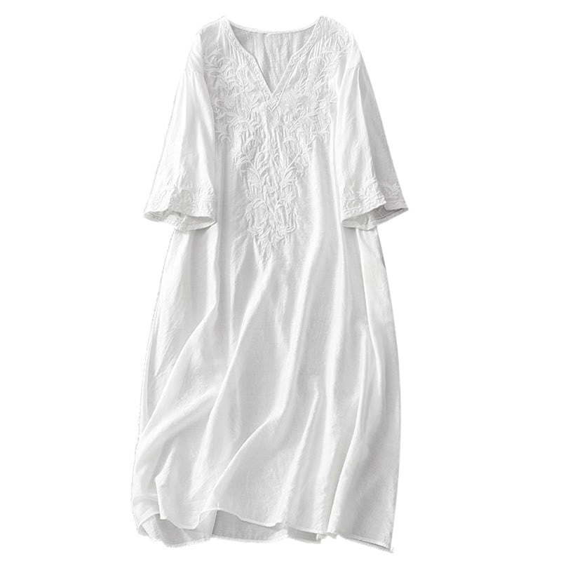 Abito midi estivo con maniche corte, scollo a V, tasche, ricamo a foglia e fiore, colore bianco puro, motivo Buddha Stones - image 13