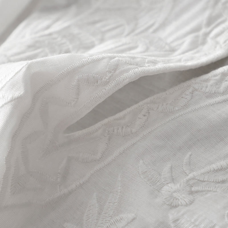 Abito midi estivo con maniche corte, scollo a V, tasche, ricamo a foglia e fiore, colore bianco puro, motivo Buddha Stones - image 7