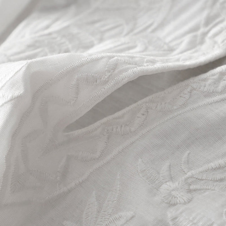 Abito midi estivo con maniche corte, scollo a V, tasche, ricamo a foglia e fiore, colore bianco puro, motivo Buddha Stones - image 7