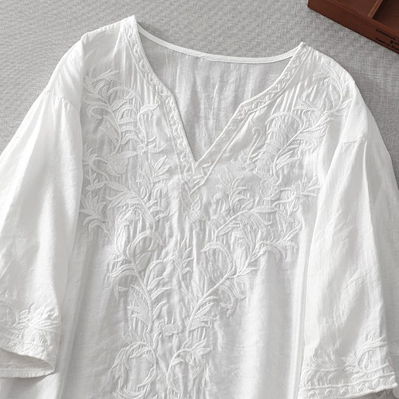 Abito midi estivo con maniche corte, scollo a V, tasche, ricamo a foglia e fiore, colore bianco puro, motivo Buddha Stones - image 3