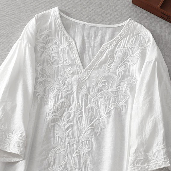 Abito midi estivo con maniche corte, scollo a V, tasche, ricamo a foglia e fiore, colore bianco puro, motivo Buddha Stones - image 3