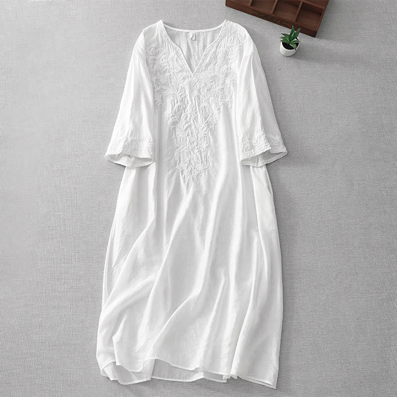 Abito midi estivo con maniche corte, scollo a V, tasche, ricamo a foglia e fiore, colore bianco puro, motivo Buddha Stones - Bianco - US8-10, UK/AU12-14, EU40-42 (2XL) - image 1