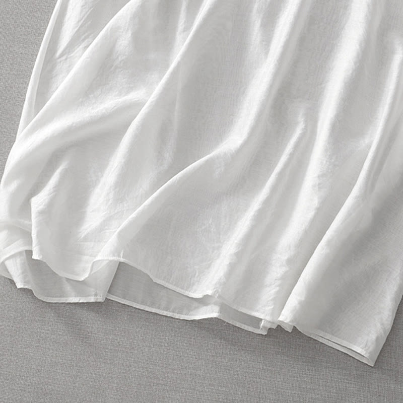 Abito midi estivo con maniche corte, scollo a V, tasche, ricamo a foglia e fiore, colore bianco puro, motivo Buddha Stones - image 11