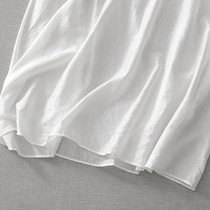 Abito midi estivo con maniche corte, scollo a V, tasche, ricamo a foglia e fiore, colore bianco puro, motivo Buddha Stones - image 11