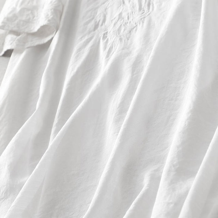 Abito midi estivo con maniche corte, scollo a V, tasche, ricamo a foglia e fiore, colore bianco puro, motivo Buddha Stones - image 6