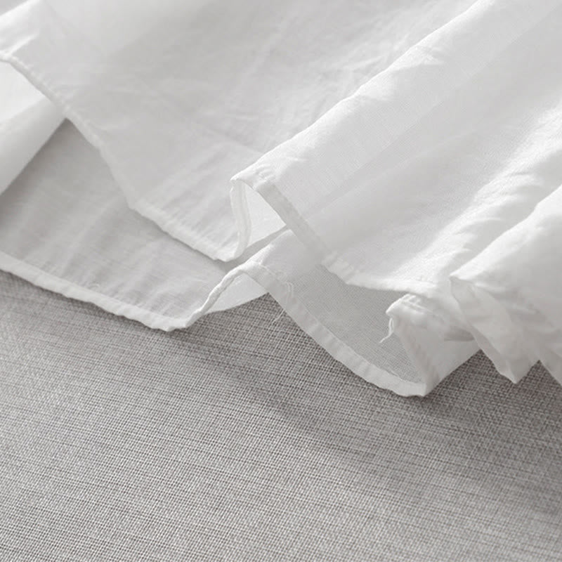 Abito midi estivo con maniche corte, scollo a V, tasche, ricamo a foglia e fiore, colore bianco puro, motivo Buddha Stones - image 9