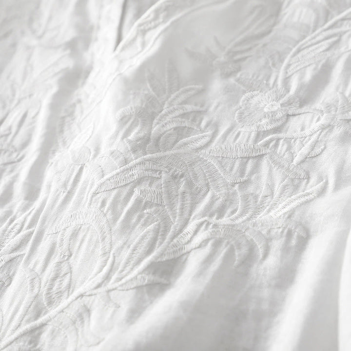 Abito midi estivo con maniche corte, scollo a V, tasche, ricamo a foglia e fiore, colore bianco puro, motivo Buddha Stones - image 5