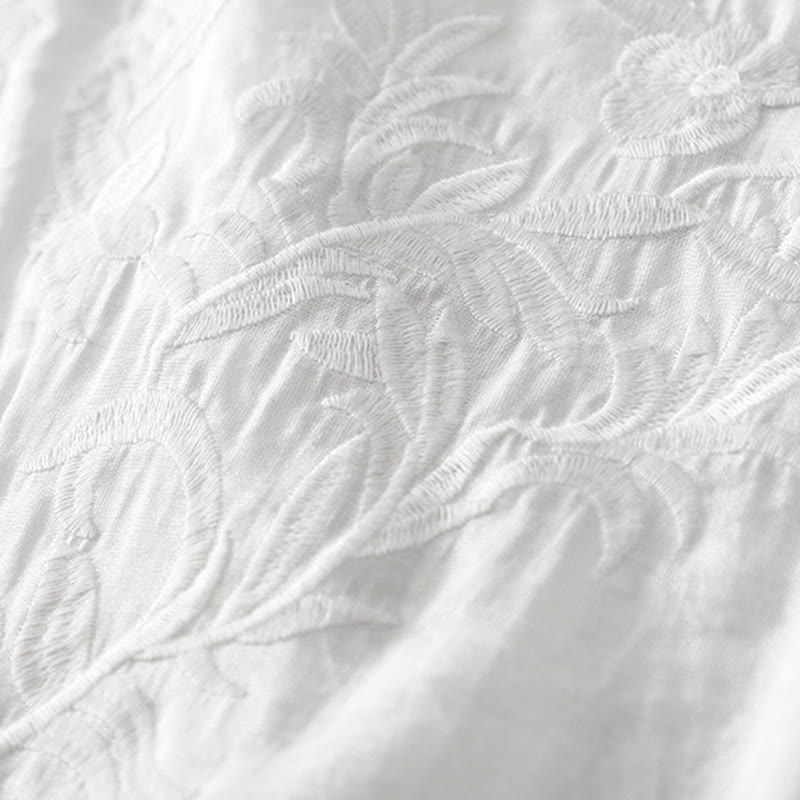 Abito midi estivo con maniche corte, scollo a V, tasche, ricamo a foglia e fiore, colore bianco puro, motivo Buddha Stones - image 4