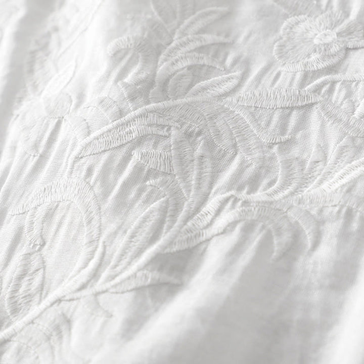 Abito midi estivo con maniche corte, scollo a V, tasche, ricamo a foglia e fiore, colore bianco puro, motivo Buddha Stones - image 4