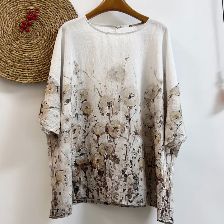 Buddha Stones Casual Loose Printed Petal Bush Donna Girocollo Design Mezza Manica Poliestere T-shirt