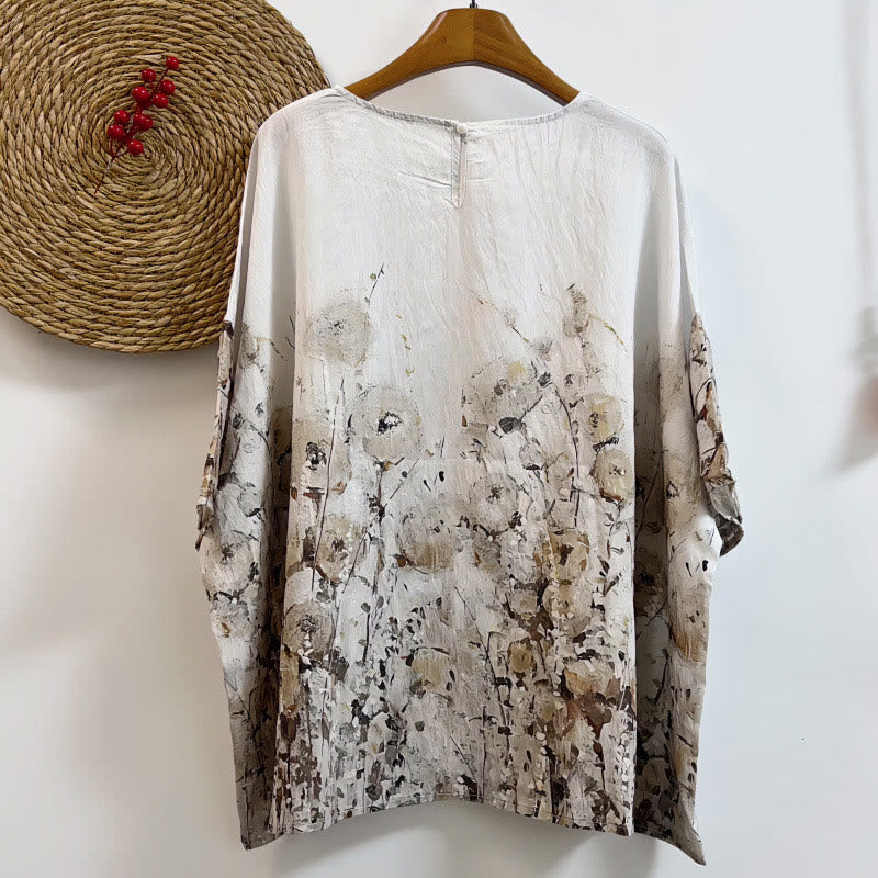 Buddha Stones Casual Loose Printed Petal Bush Donna Girocollo Design Mezza Manica Poliestere T-shirt