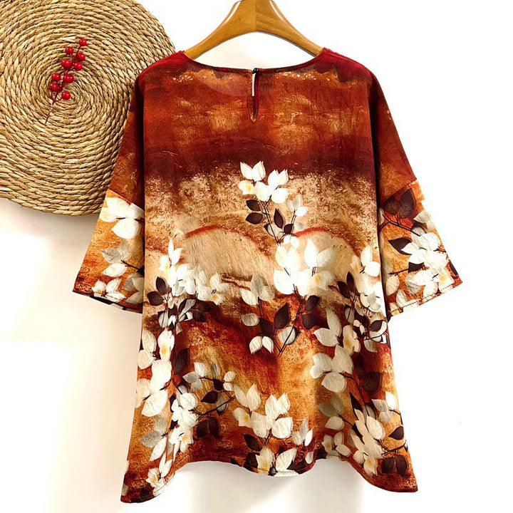 Maglietta casual da donna con scollo a giro e maniche corte in poliestere, motivo: Buddha Stones, con stampa di foglie e piante