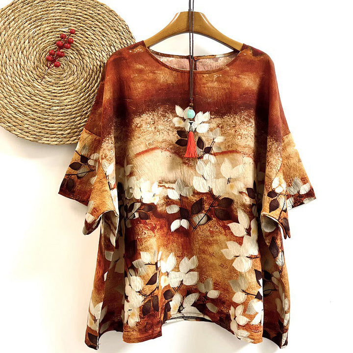 Maglietta casual da donna con scollo a giro e maniche corte in poliestere, motivo: Buddha Stones, con stampa di foglie e piante