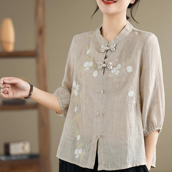 Camicia da donna in cotone e lino con bottoni a rana, manica a tre quarti, ricamo floreale vintage Buddha Stones - image 6