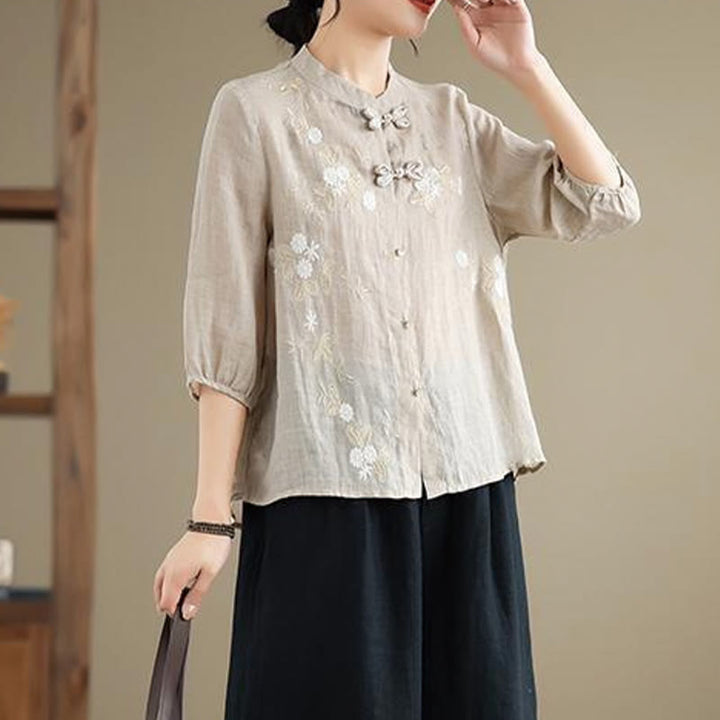 Camicia da donna in cotone e lino con bottoni a rana, manica a tre quarti, ricamo floreale vintage Buddha Stones - image 7