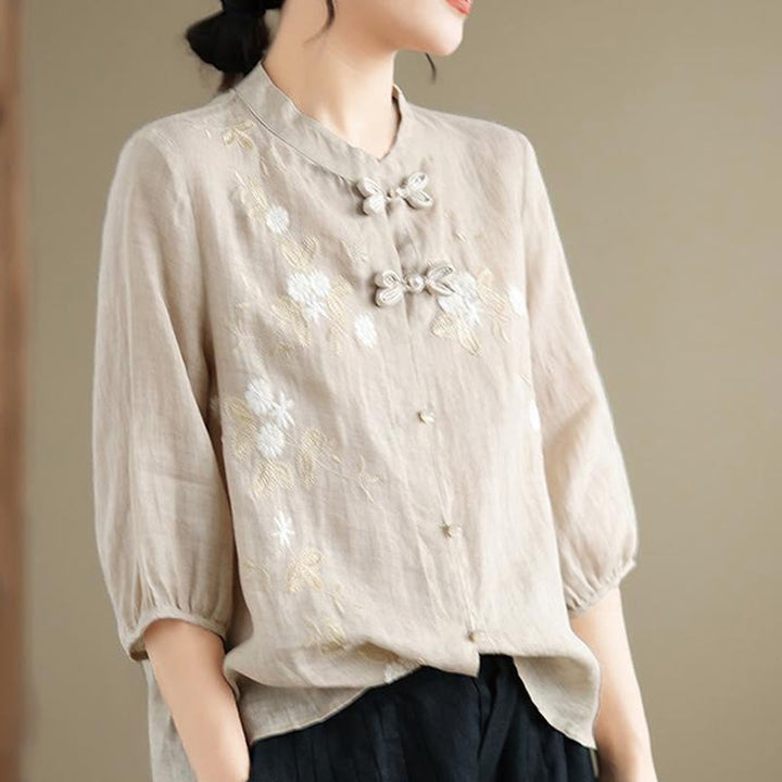 Camicia da donna in cotone e lino con bottoni a rana, manica a tre quarti, ricamo floreale vintage Buddha Stones - image 5