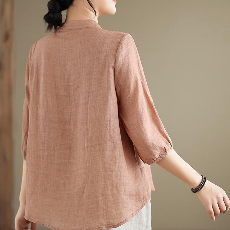 Camicia da donna in cotone e lino con bottoni a rana, manica a tre quarti, ricamo floreale vintage Buddha Stones - image 10