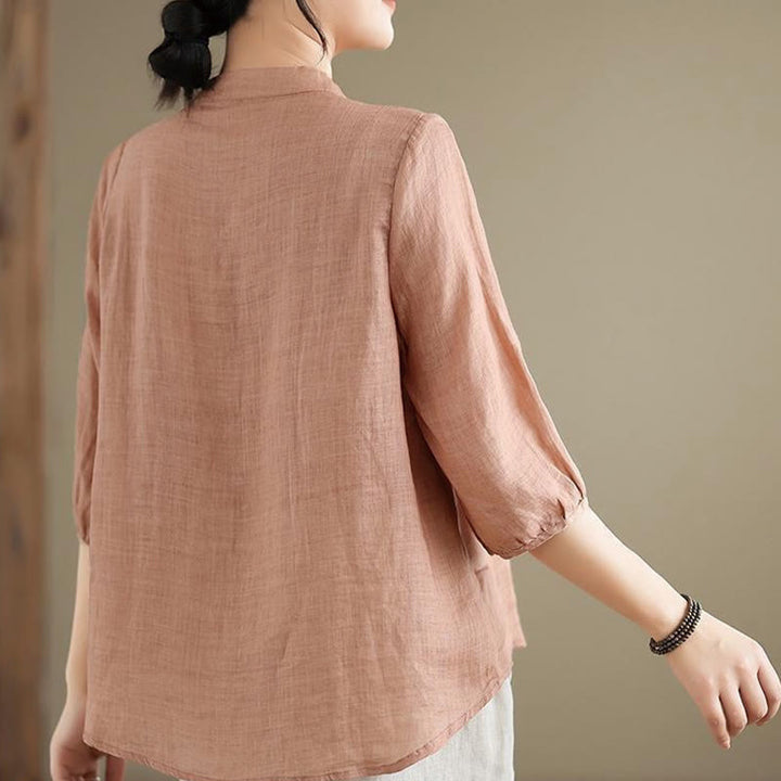 Camicia da donna in cotone e lino con bottoni a rana, manica a tre quarti, ricamo floreale vintage Buddha Stones - image 10