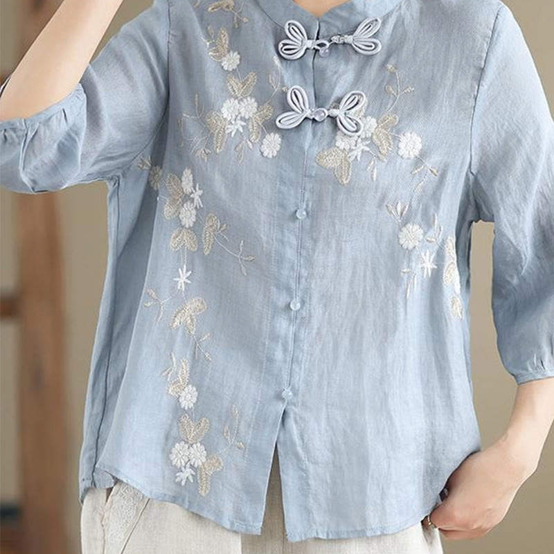 Camicia da donna in cotone e lino con bottoni a rana, manica a tre quarti, ricamo floreale vintage Buddha Stones - image 3