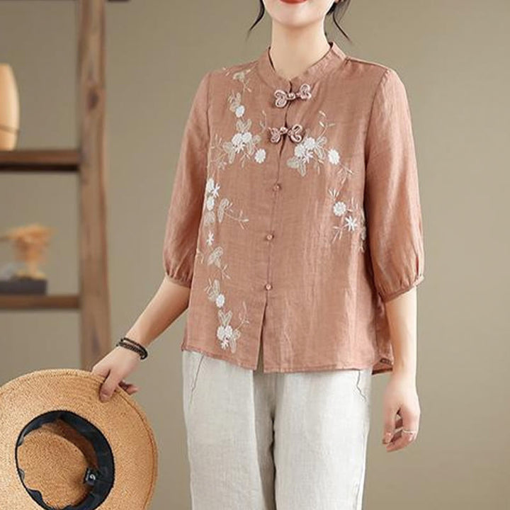 Camicia da donna in cotone e lino con bottoni a rana, manica a tre quarti, ricamo floreale vintage Buddha Stones - image 11