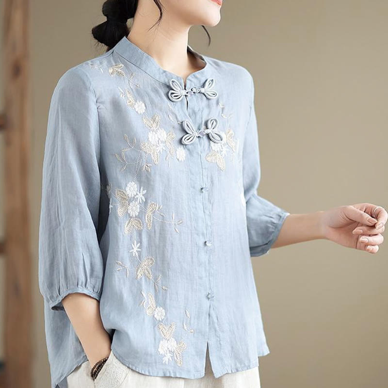 Camicia da donna in cotone e lino con bottoni a rana, manica a tre quarti, ricamo floreale vintage Buddha Stones - image 1