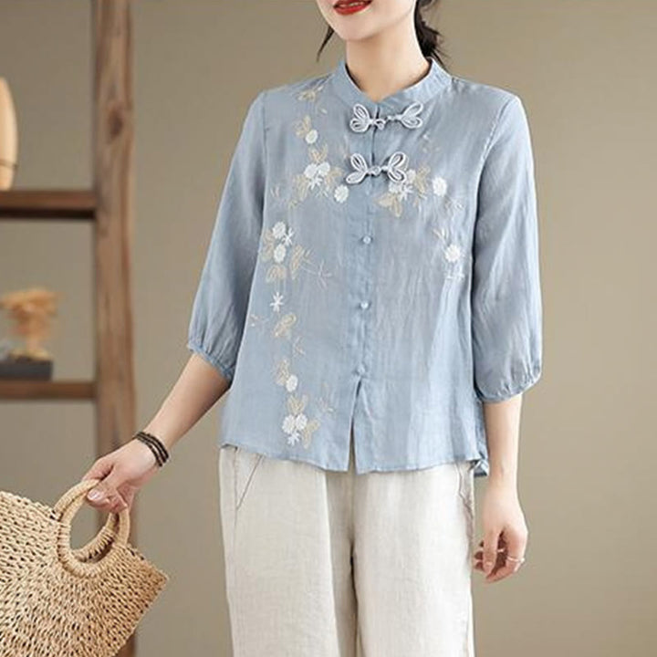Camicia da donna in cotone e lino con bottoni a rana, manica a tre quarti, ricamo floreale vintage Buddha Stones - image 2