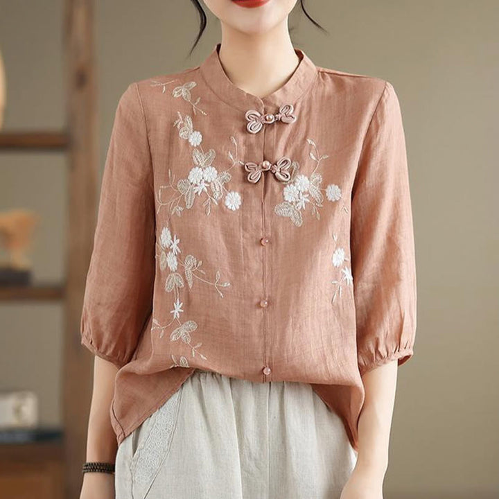 Camicia da donna in cotone e lino con bottoni a rana, manica a tre quarti, ricamo floreale vintage Buddha Stones - image 9