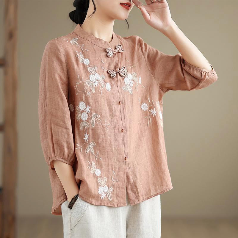 Camicia da donna in cotone e lino con bottoni a rana, manica a tre quarti, ricamo floreale vintage Buddha Stones - Salmone chiaro - US8-10, UK/AU12-14, EU40-42 (2XL) - image 8