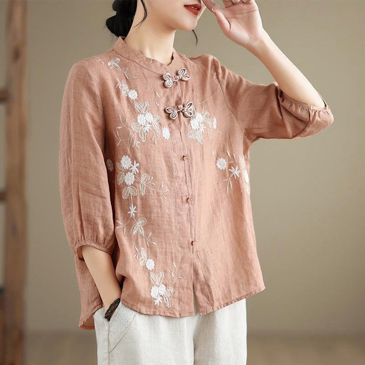 Camicia da donna in cotone e lino con bottoni a rana, manica a tre quarti, ricamo floreale vintage Buddha Stones - Salmone chiaro - US8-10, UK/AU12-14, EU40-42 (2XL) - image 8