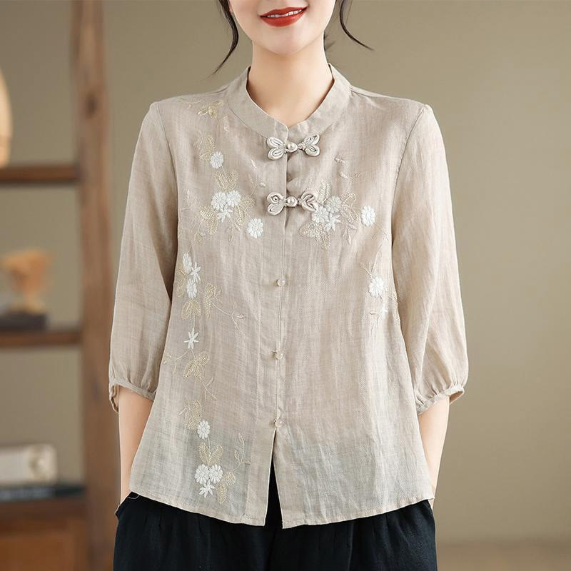 Camicia da donna in cotone e lino con bottoni a rana, manica a tre quarti, ricamo floreale vintage Buddha Stones - LemonChiffon - US8-10, UK/AU12-14, EU40-42 (2XL) - image 4