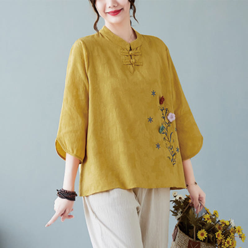 Camicia da donna in lino di cotone con bottoni a rana, manica a tre quarti, ricamo stereoscopico floreale estivo vintage Buddha Stones - image 3